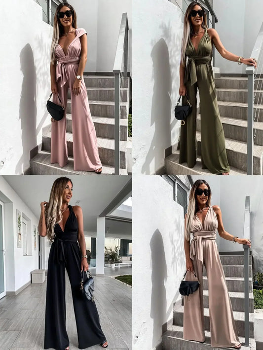 Ärmellose Spitze Up Overall für Frauen High Street Sexy V-ausschnitt Overalls Jump Anzüge Sexy Strampler Breite Bein Hose Weibliche Overalls