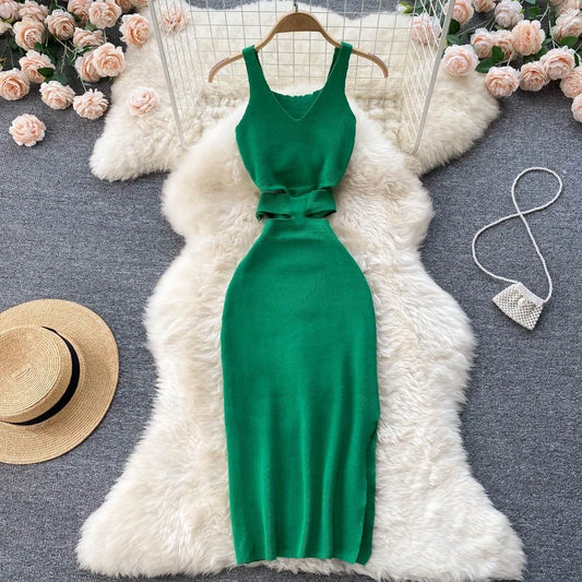YuooMuoo Frauen Kleid Sexy Cut Out Taille Paket Hüften Split, Figurbetontes Kleid Sommer Mode Dame Gestrickte Party Vestidos Sommerkleid